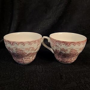 Vintage 2pc Set Churchill THE BROOK English Cottage Pink Red Coffee Teacups